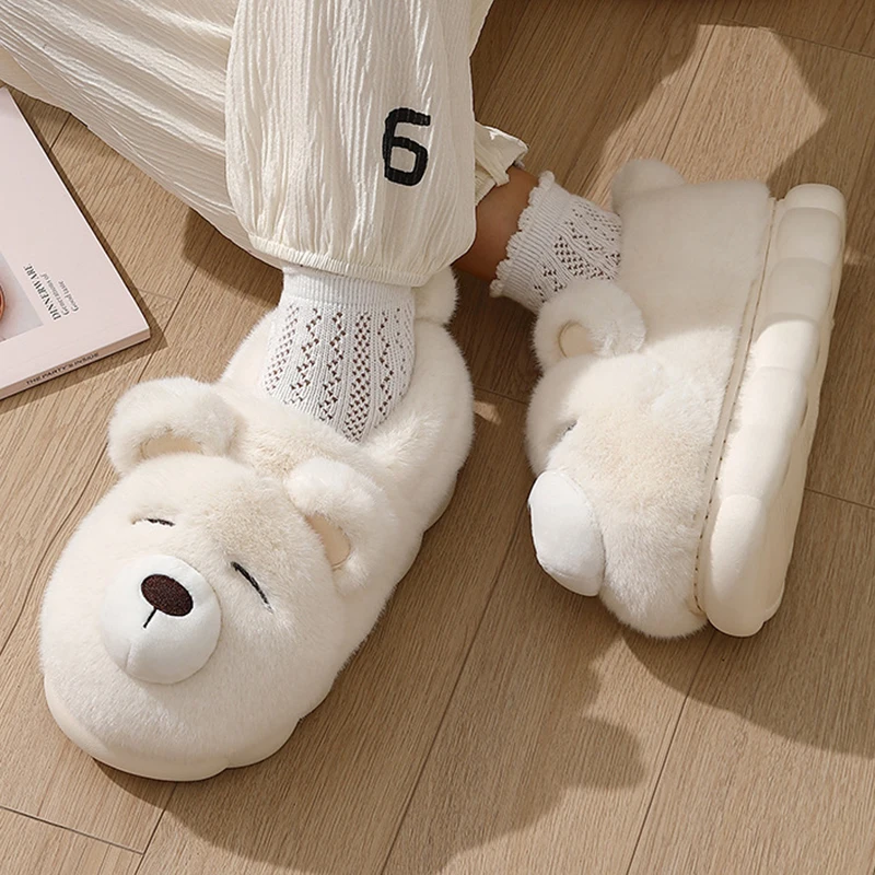 Cartoon Bear Shape Cotton Slippers Women 2025 Indoor Warm Slip On Plush Slides Woman Anti Slip Thick Bottom Fluffy Slippers