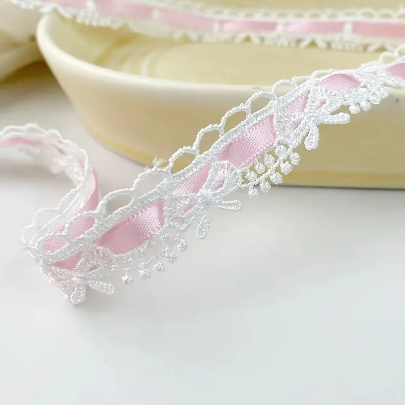 Pink & White Flower Bow Ribbon - 1.8cm Wide Lace Trim for Crafts & Decoration, 1 Yard