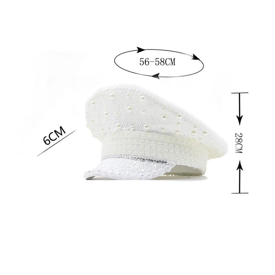 Women white Sequin Burning Bride Military Hat Luxury Bridal Captain Sergeant Hat Rhinestone Festival Birthday Part Girl Wome
