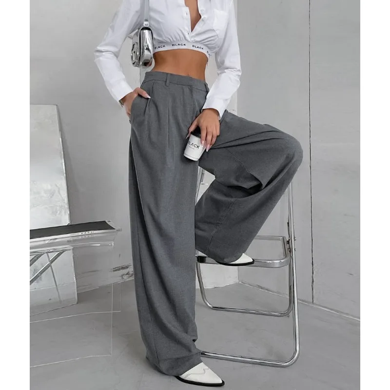 New 2024 Women's Solid Casual High Waist Fashion Pants Temperament Commuting Pocket Design Female Elegant Wide Leg Suit Trousers
