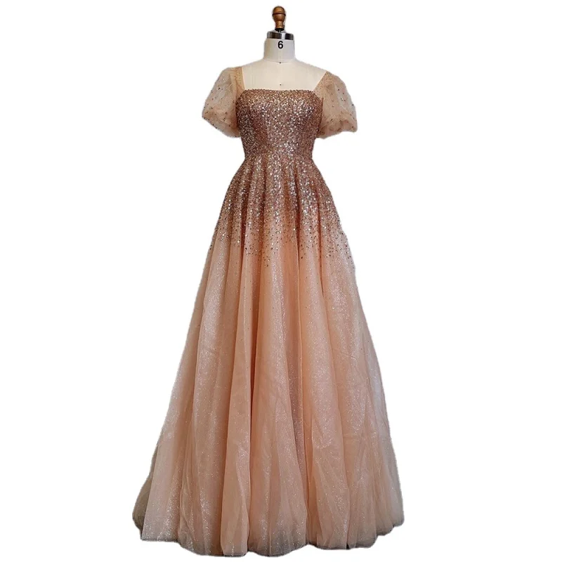 

Gold A Line Puff Sleeves Square Collar Glitter Prom Dresses Customized Best Price Graduation Party Ball Gowns For Girls