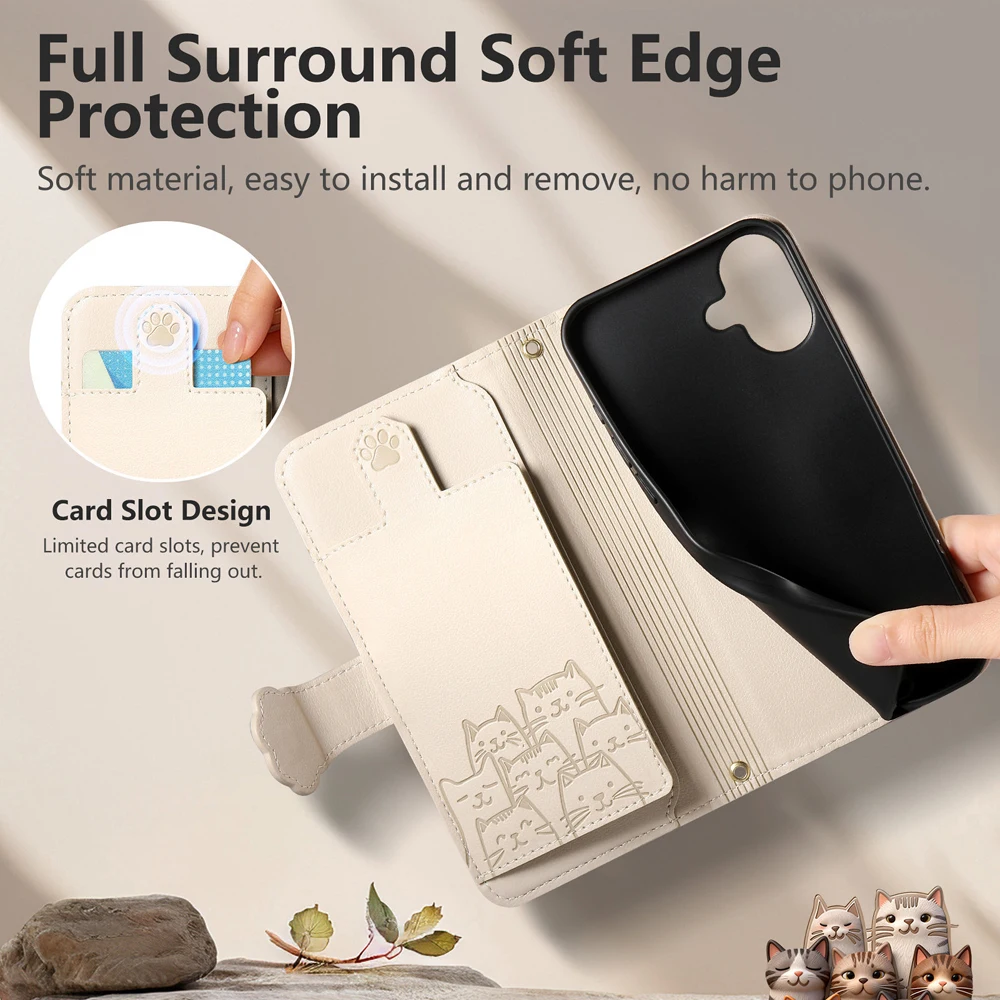 Cat Zipper Leather Wallet Phone Case with Wrist Strap and Card Holder