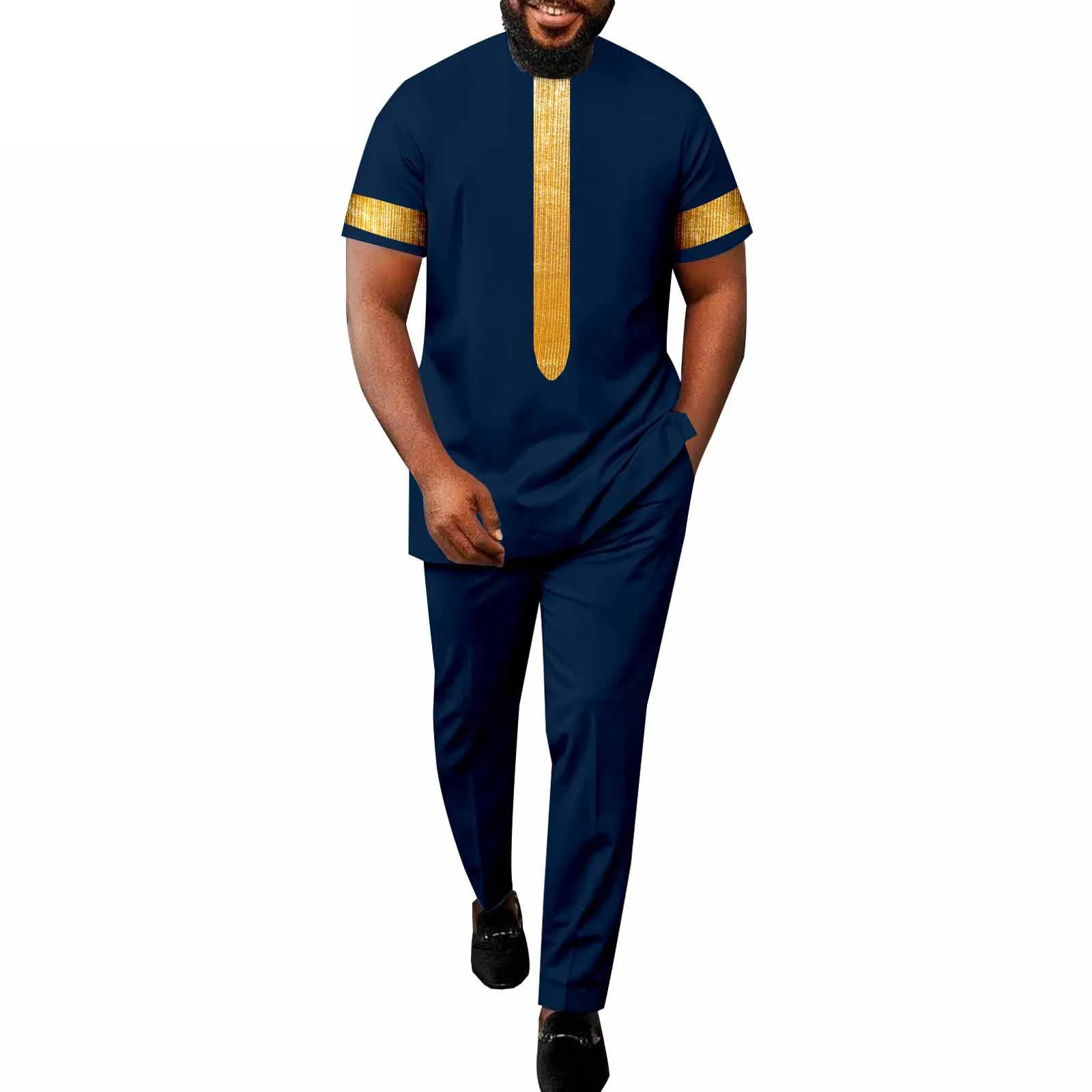 

African Suits for Men Shorts Sleeve Dashiki Tops and Pants Sets Ankara Tracksuit Plus Size Shirts Tribal Outfits