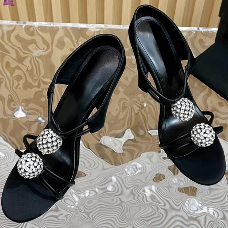 

Fashion Runway Summer Black Elegant Thin High Heeled Shoes Women's Open Toe Round Toe Heavy Diamond Ankle Strap Shoes