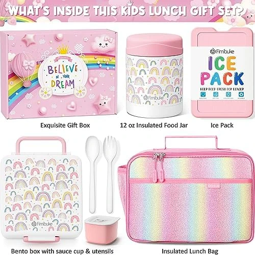 Bento Box with Thermos, Stainless Steel Food Jar for Hot-Cold Food or Soup,  Insulated Lunch Bag Ice Pack Set for Kids or Toddlers. Ages 3 to 7, Pink