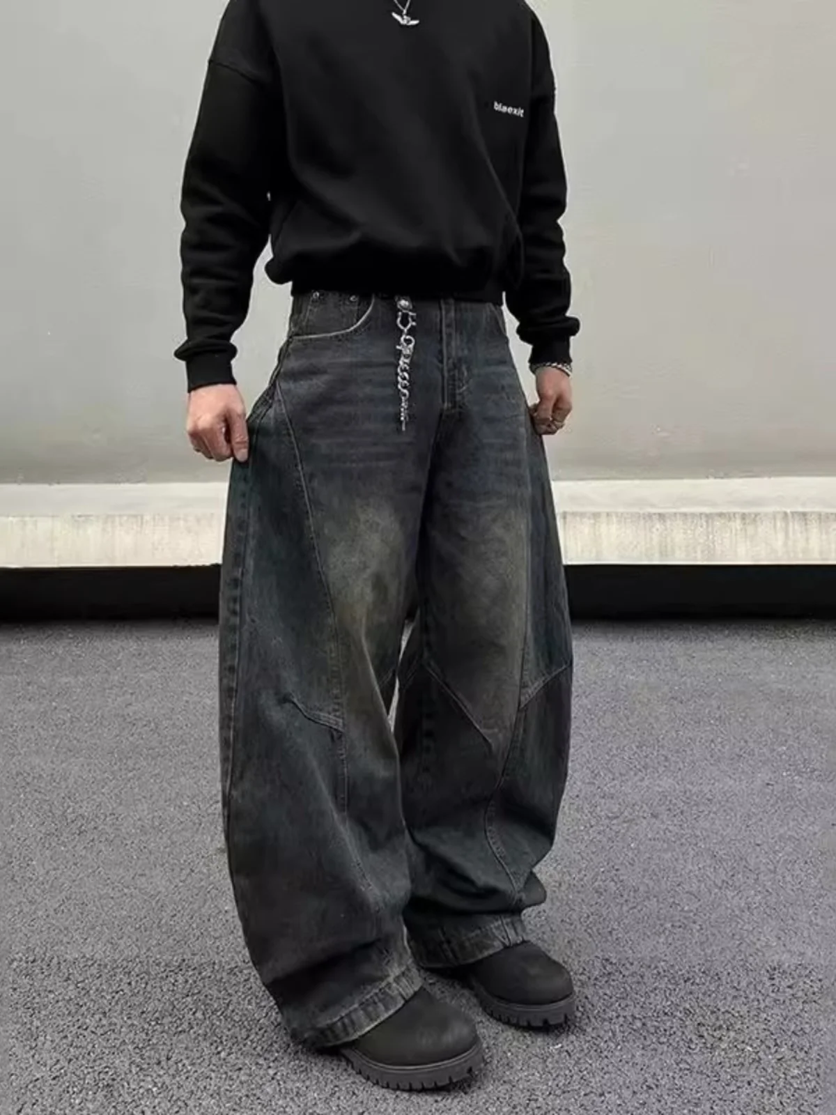 American High Street Baggy Silhouette Deep Blue Curved Knife Jeans Men's Waed Retro Banana Wide Leg Casual Scythe Pants