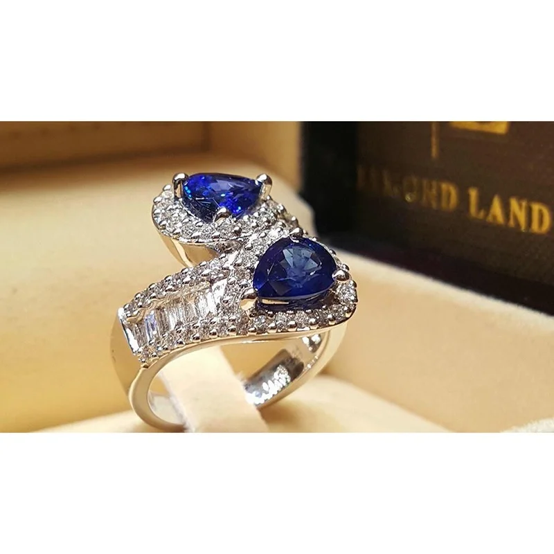 Water Drop Crystal Sapphire Rings for Women Bride Wedding Engagement Ring Anniversary Gift Jewelry