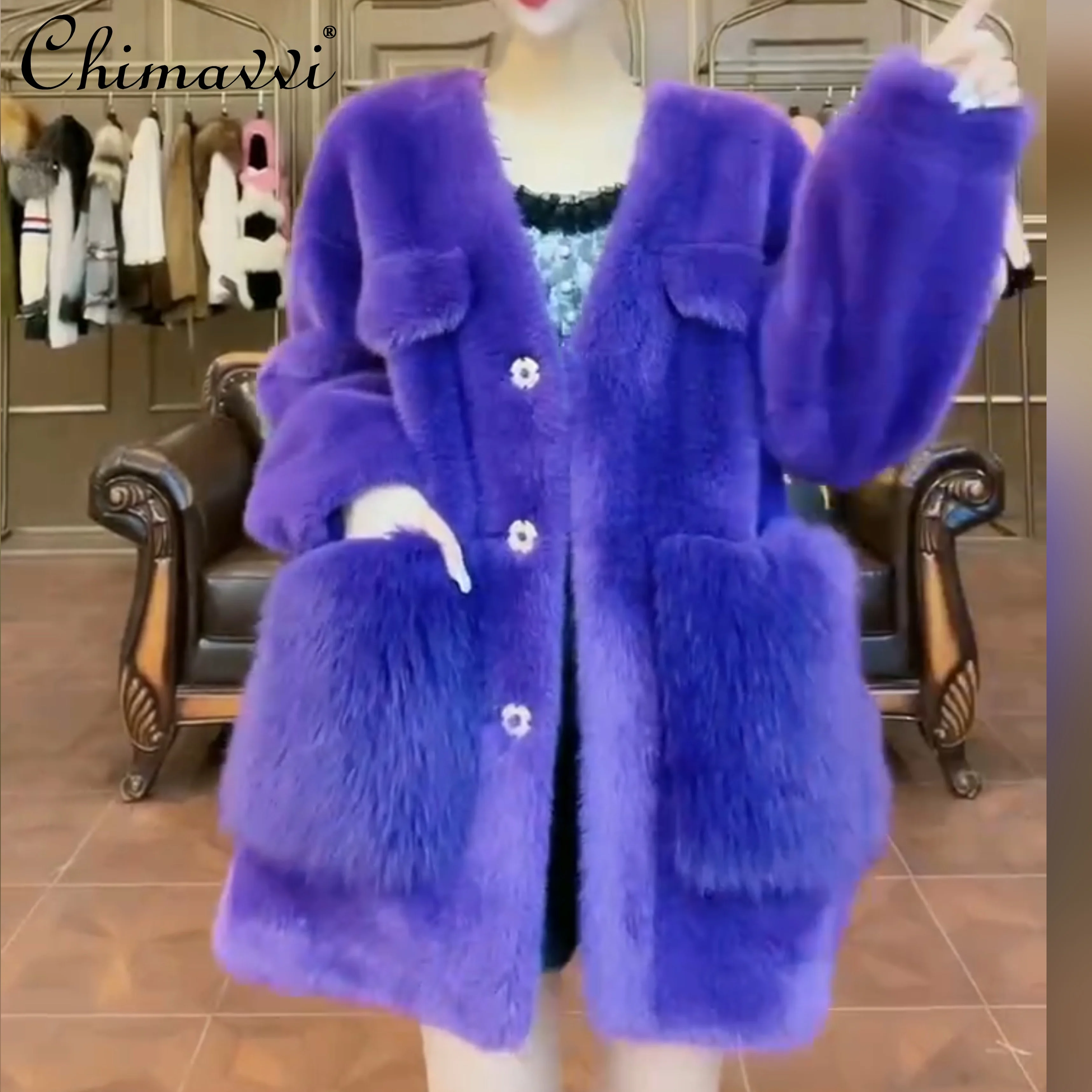 

European Long Sleeve Women's Toka Double Face Wool Leather Warm Mid-Length Faux Fur Jacket 2022 New Winter Fashion Casual Coats