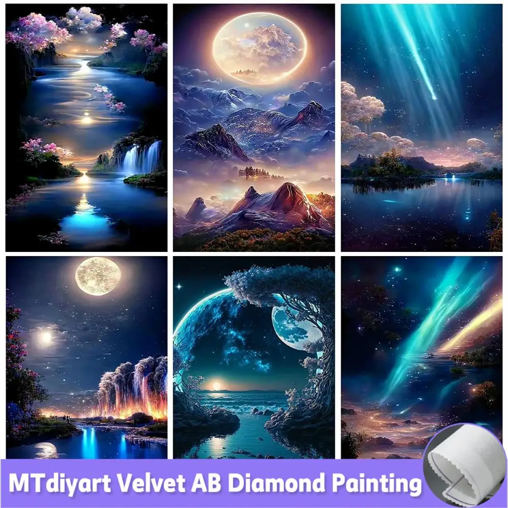 MTdiyart Diamond Painting Velvet Canvas Moon Tree AB Embroidery Landscape Mosaic Art Kits Reflection Night Home Decor