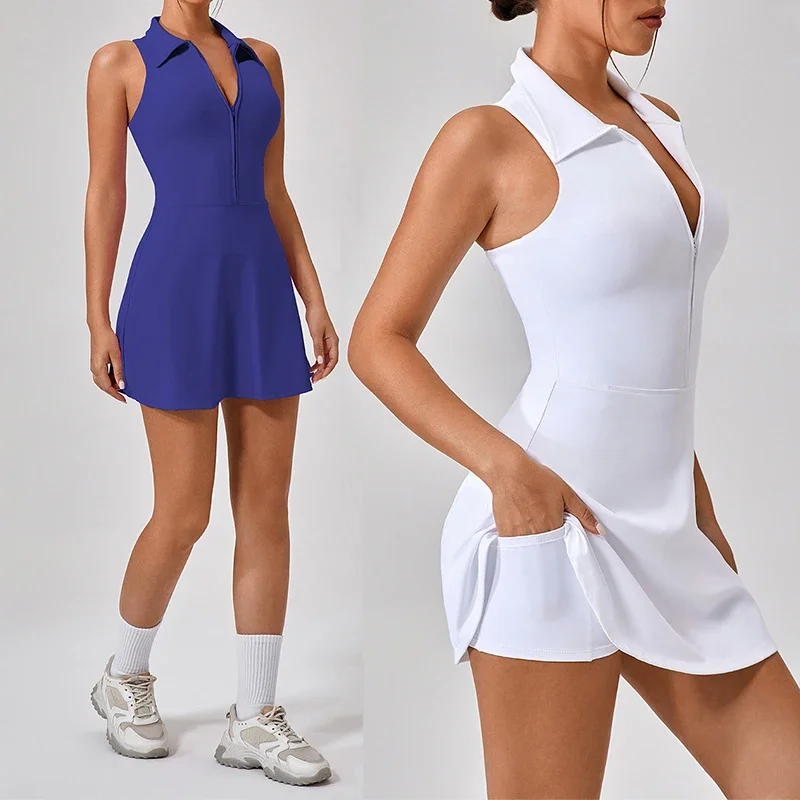 Women Tennis 2-in-1 Golf Sports Fitness Dress Built-in Shorts Sleeveless Polo V-Neck Workout Skirts