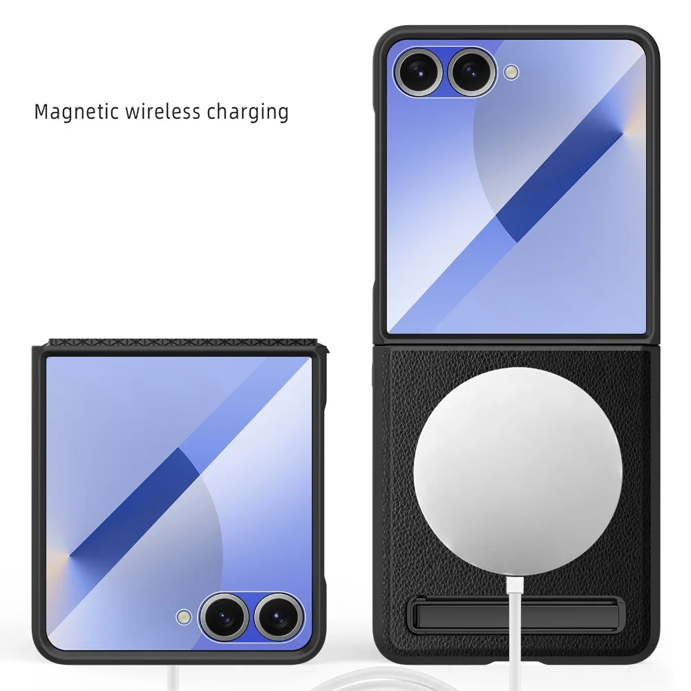 Magnetic Wireless Charging Kickstand Phone Case with Hinge Protection and Leather Cover