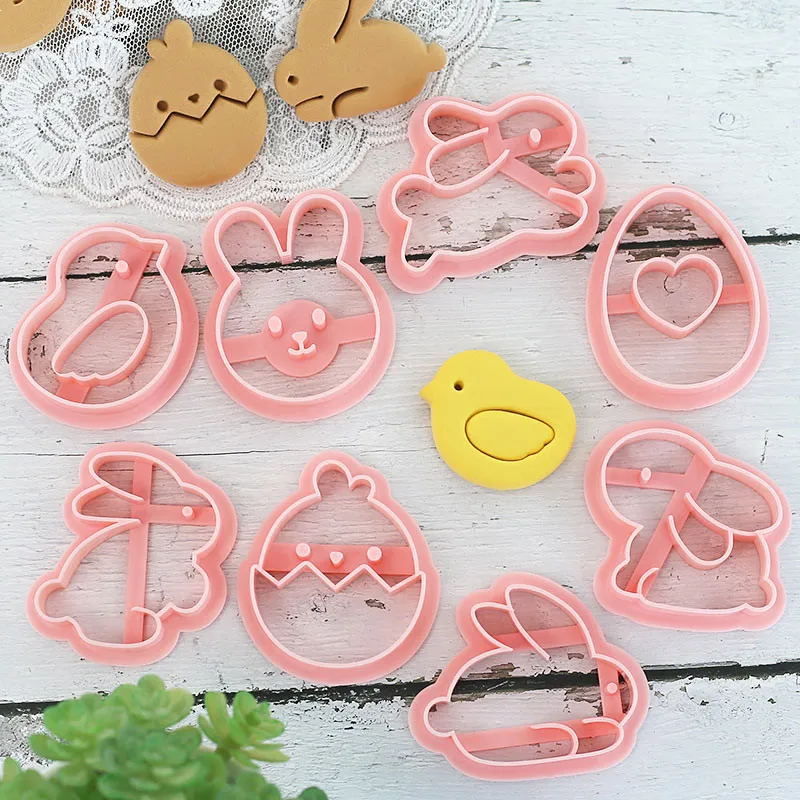Cookies Cutter Rabbit Egg Dough Stamp Plastic 3D Bunny Cartoon Pressable Biscuit Mold Easter Kitchen Baking Pastry Bakeware 8Pcs
