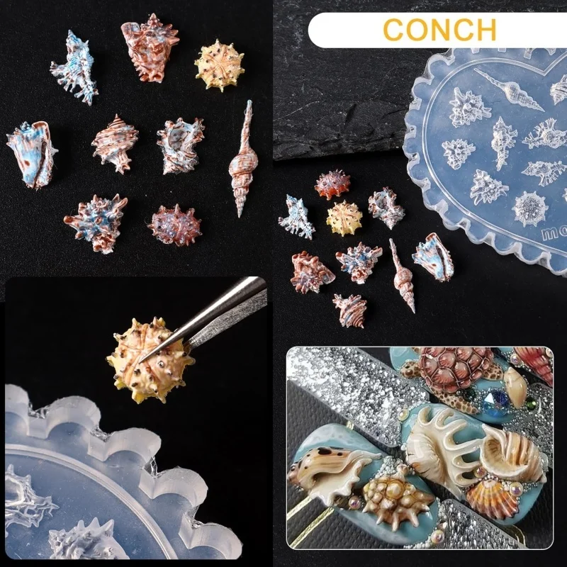 1PC 오션 네일 몰드(하트 모양), 조개, 불가사리, 소라, 해마, 해양 생물 네일 아트 디자인, 레진 조각 템플릿