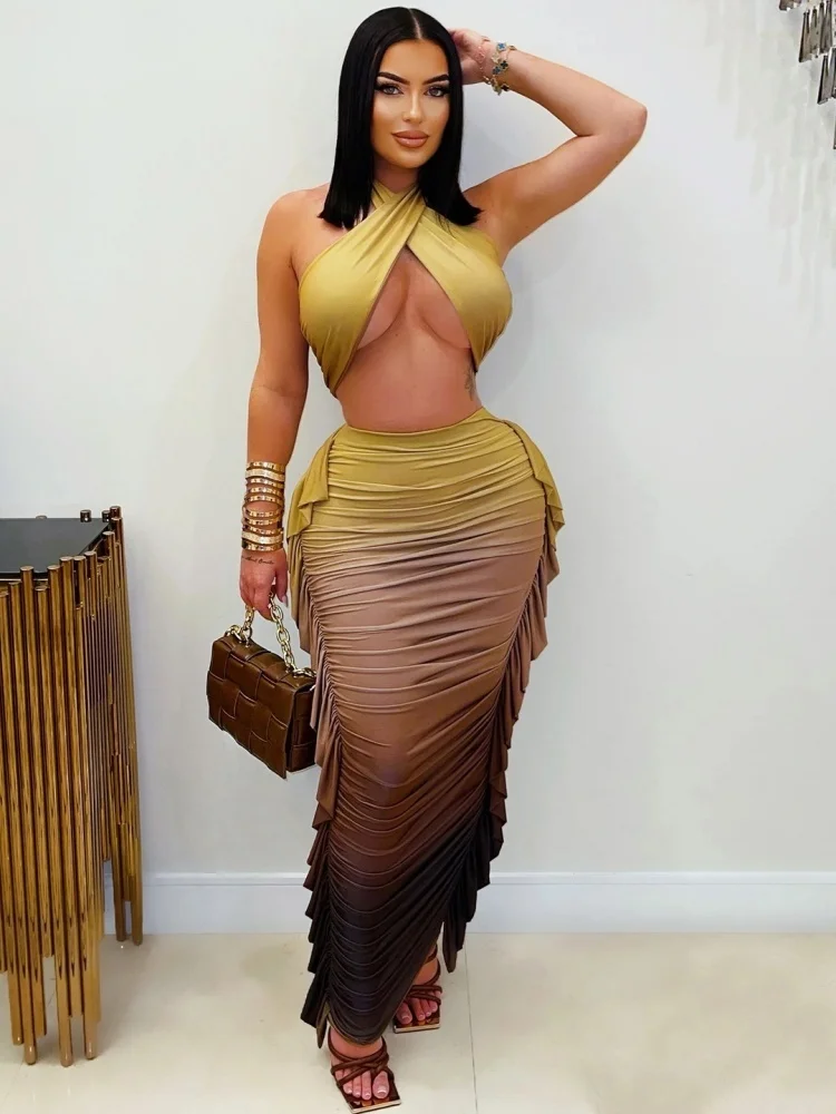 Wmstar Set Women Whoiesale Fashion Gradient Print Crop Top Pleated Two Piece Set Summer Outfit Fancy Club Vacation Designer 2025