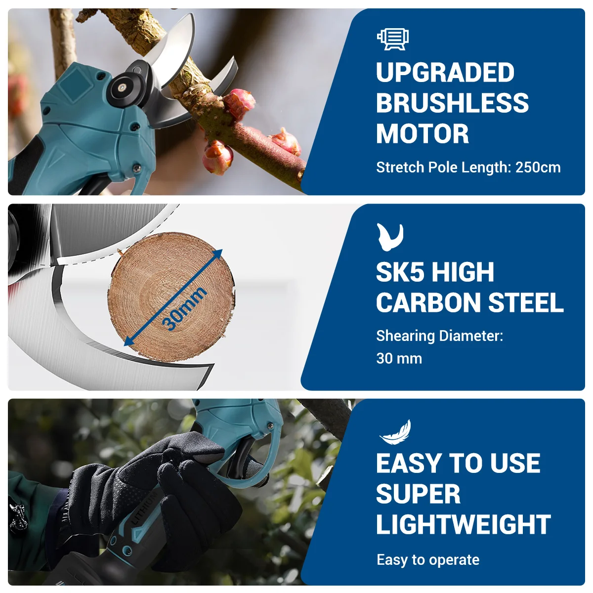 30mm 21V Brushless Motor Cordless Electric scissors Pruner pruning Shears Fruit Tree 250cm Extendable Pole For Makita Battery 6