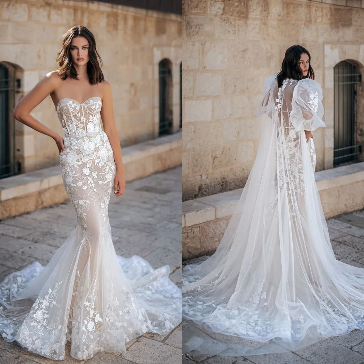 

2023 кружевные свадебные платья-русалки с накидкой, кружевной корсет-бюстье, соблазнительное Тюлевое платье макси, платье со шлейфом в стиле бохо, женское платье