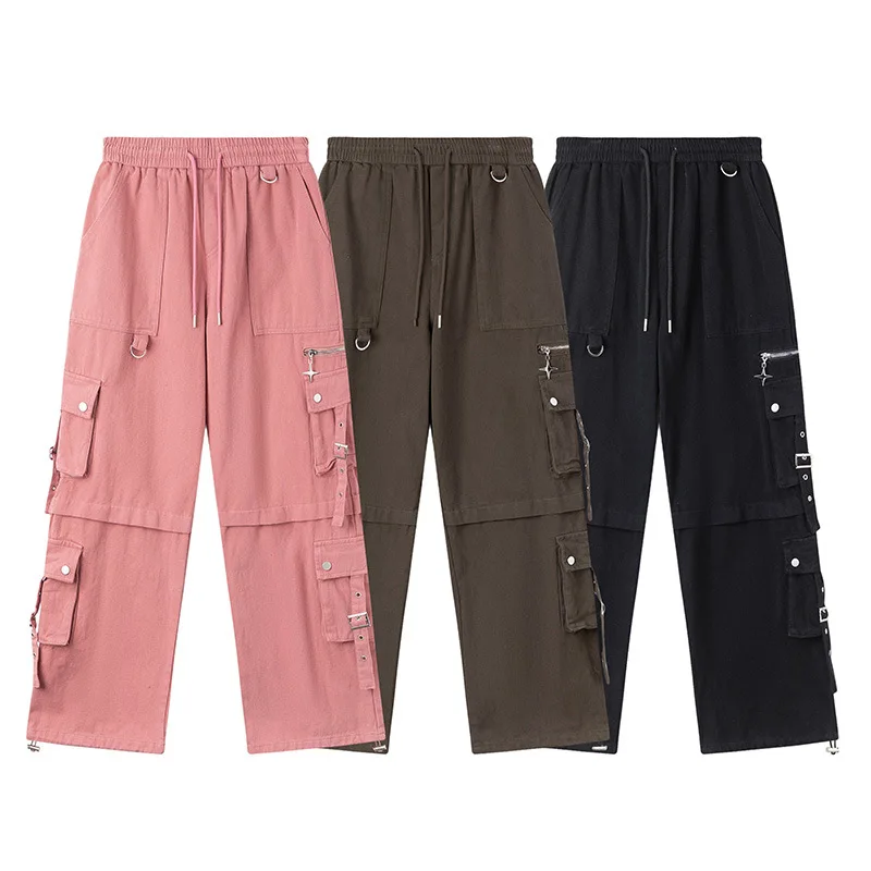 2024 Spring Autumn New Design Wide-legged Pants Men Women Loose Casual Multi-pocket Trousers Vintage Solid Drawstring Pants