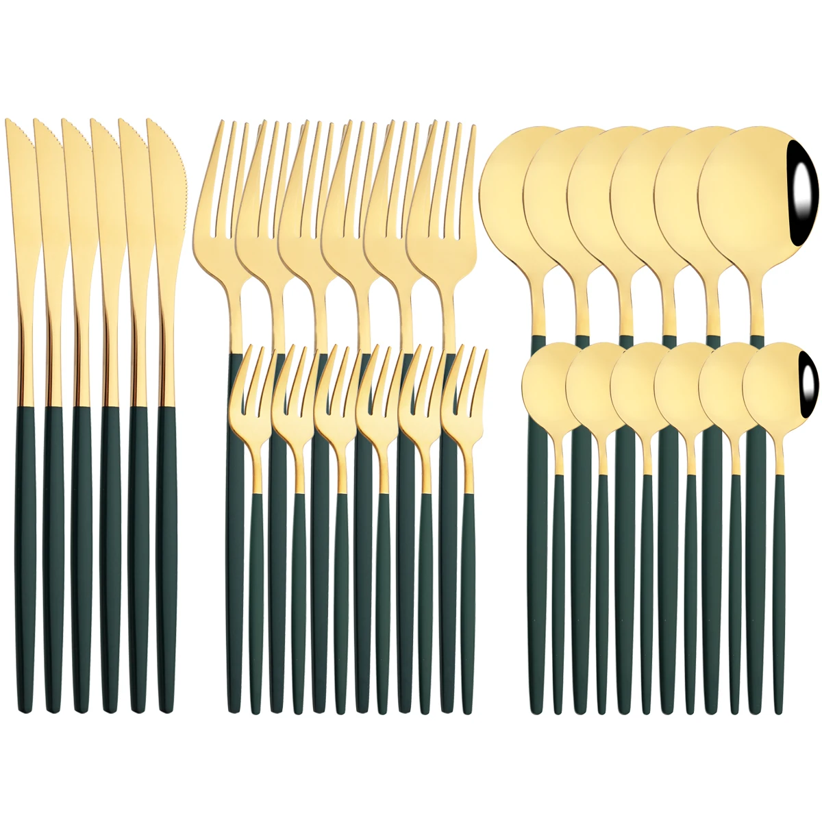 

30Pcs Green Gold Cutlery Set Knife Fork Coffee Spoon Dinnerware Set Stainless Steel Cake Fork Tableware Western Kitchen Flatware