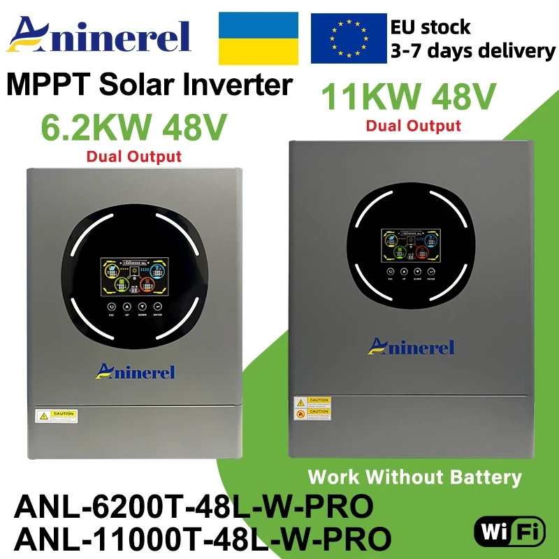 อินเวอร์เตอร์ไฮบริดพลังงานแสงอาทิตย์ Aninerel 11KW 6.2KW 48V 220V แบบออฟกริดและออนกริด สำหรับใช้ในครัวเรือน รองรับการใช้งานแบบสองระบบ พร้อมระบบควบคุมการชาร์จในตัว MPPT 120A 160A 1