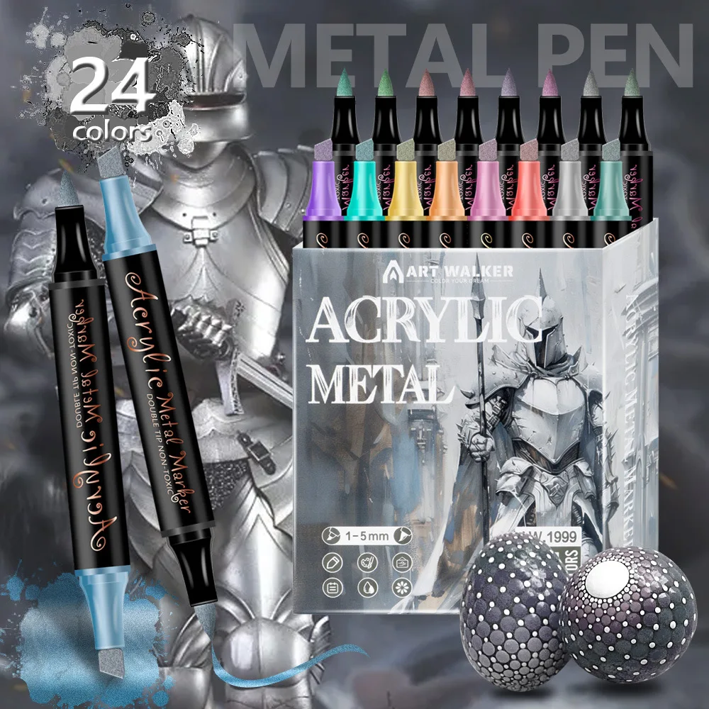 12/24 컬러 메탈릭 마커, 이중 팁 이중 목적 아크릴 마커, 1-5mm 소프트 닙, 24가지 독특한 글리터 색상, 대규모 채색에 적합한 도끼 모양 닙, 미술 용품, 학생 선물