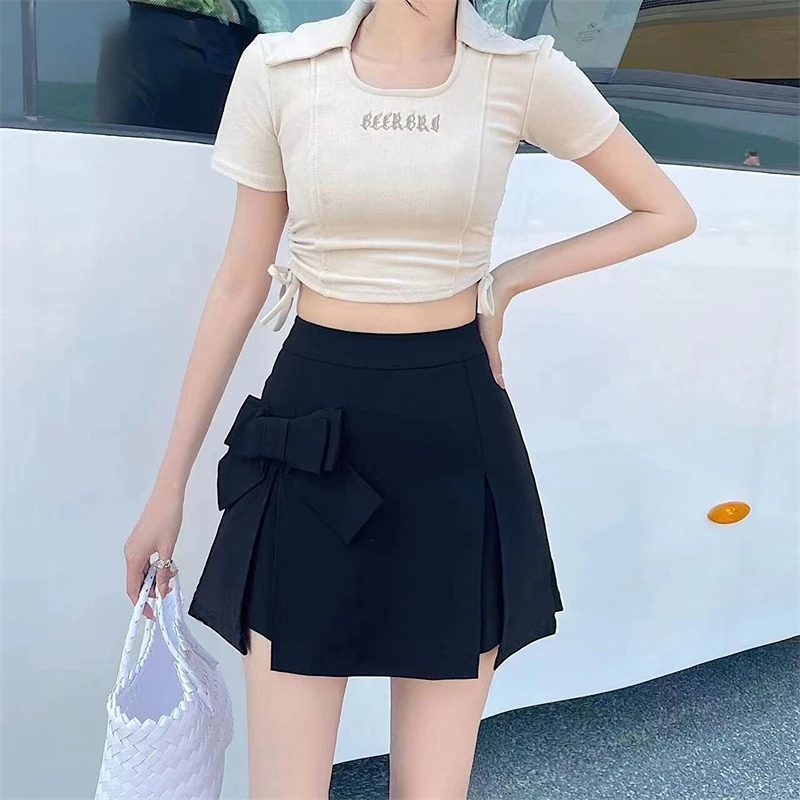 Shorts Women Teens Bow Black Kawaii Lsieure High Waist Design Mujer College Korean Style Trendy Irregular Летние Elegant Lovely