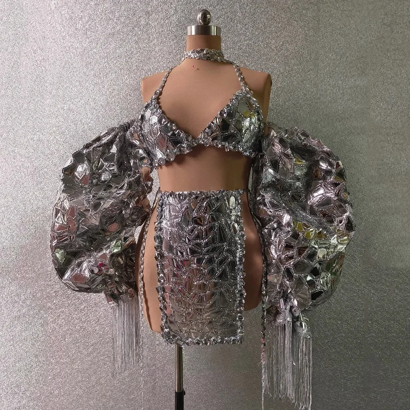 

Silver Mirror Bikini Exaggerate Tassel Big Sleeve Singer Performance Wear Sexy Drag Queen Costume Gogo Dancer Clothing VDB7199