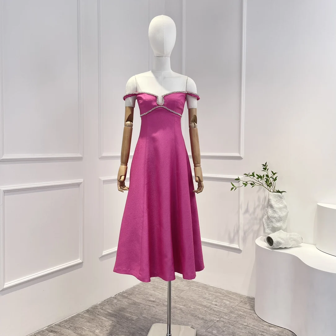 

Top Quality 2023 Latest Style Preorder Pink Crystal Off The Shoulder Midi High Waist Elegant Dresses Women