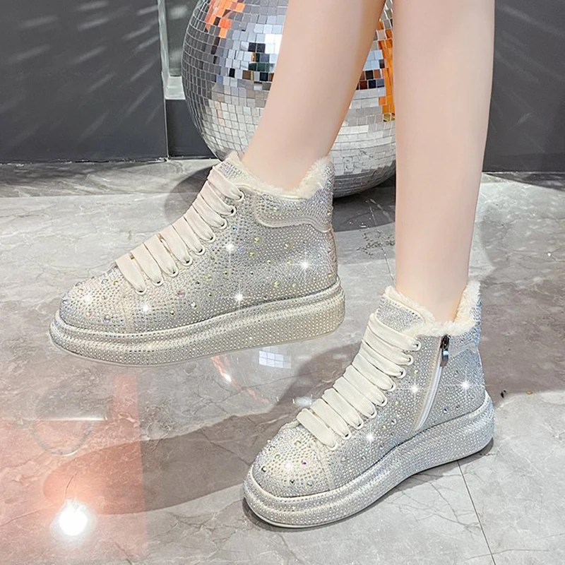 New Rhinestone Women High Top Winter Warm Plush Lined Casual Boots 4.5CM Increased Warmth Waterproof Casual Cotton Shoes 35-40