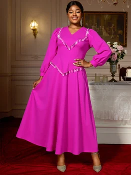 Elegante abito lungo a pieghe con scollo a V e maniche lunghe a lanterna patchwork con perline Abito da sera per feste autunno inverno moda donna