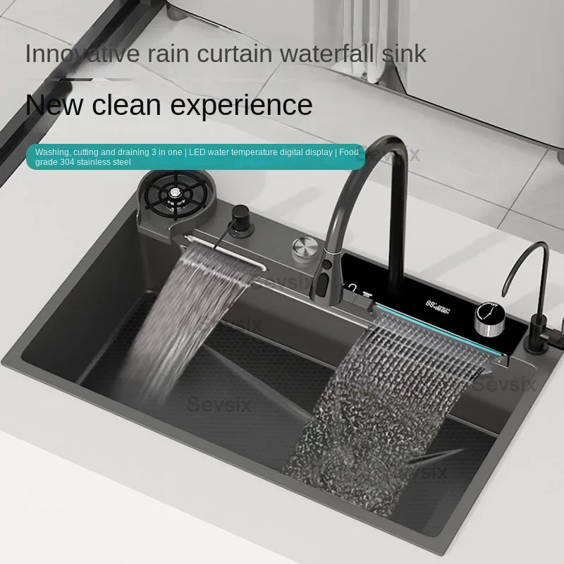 

Fly Rain Integrated Waterfall Kitchen Sink Honeycomb Technology Large Digitial Display Stainless Steel Soap Dispenser Cup Washer