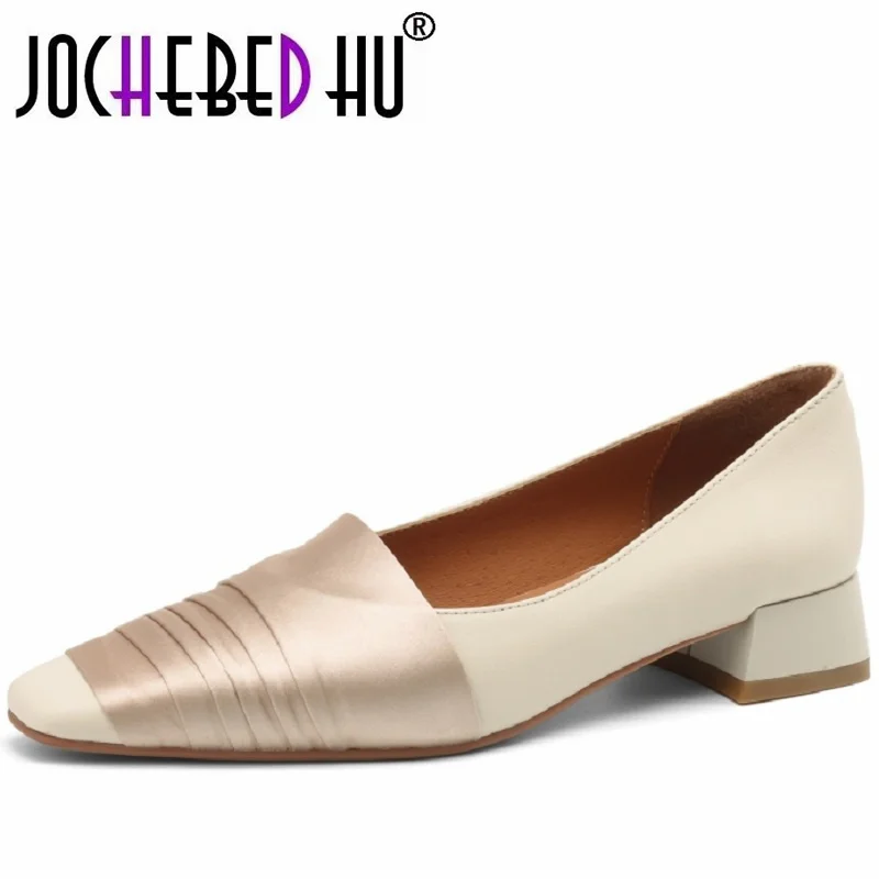 

【JOCHEBED HU】Fashion Splicing Women Pumps Square Toe Thick Heels Office Lady Basic Genuine Leather Mature Spring Summer Shoes