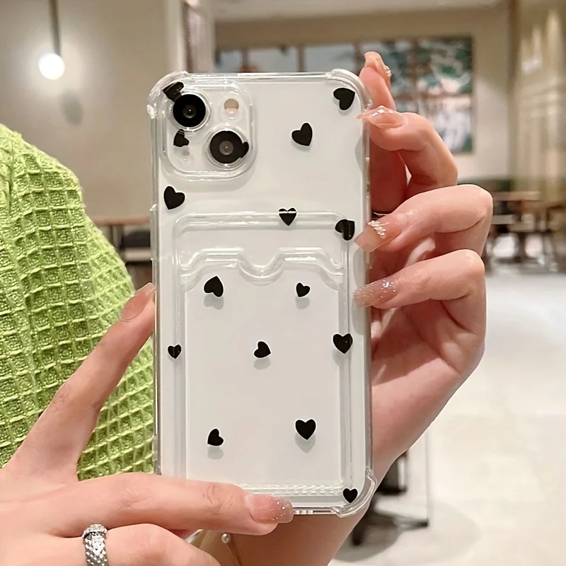 Elegant Black & White Love Heart Clear Phone Case with Wallet and Card Holder