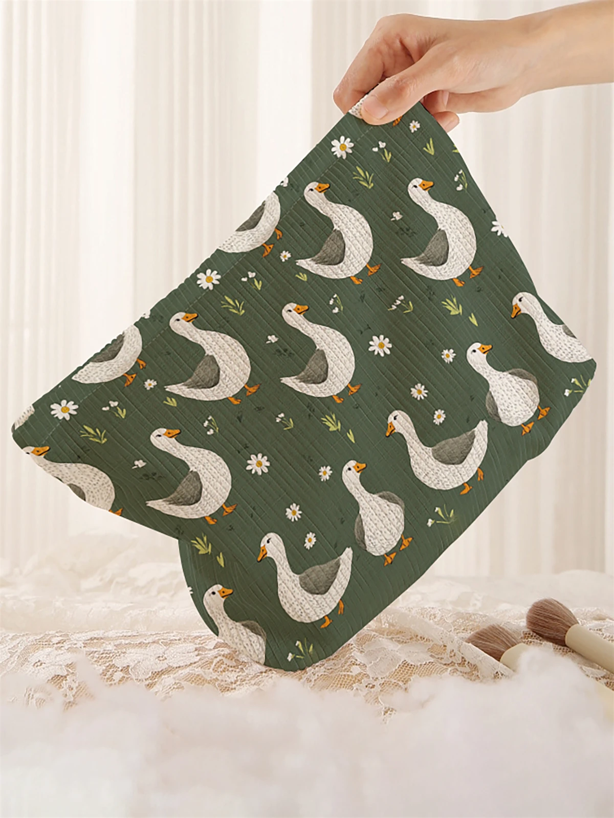 1pc duck pattern printed corduroy makeup bag, lightweight zipper makeup storage box, multifunctional bag with lining