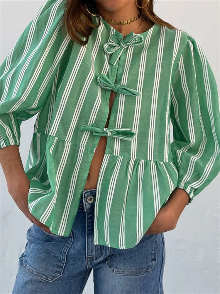 

Модные женские винтажные рубашки Y2K с завязкой спереди, летние блузки в полоску с пышными рукавами и оборками, повседневные милые корейские топы, уличная одежда