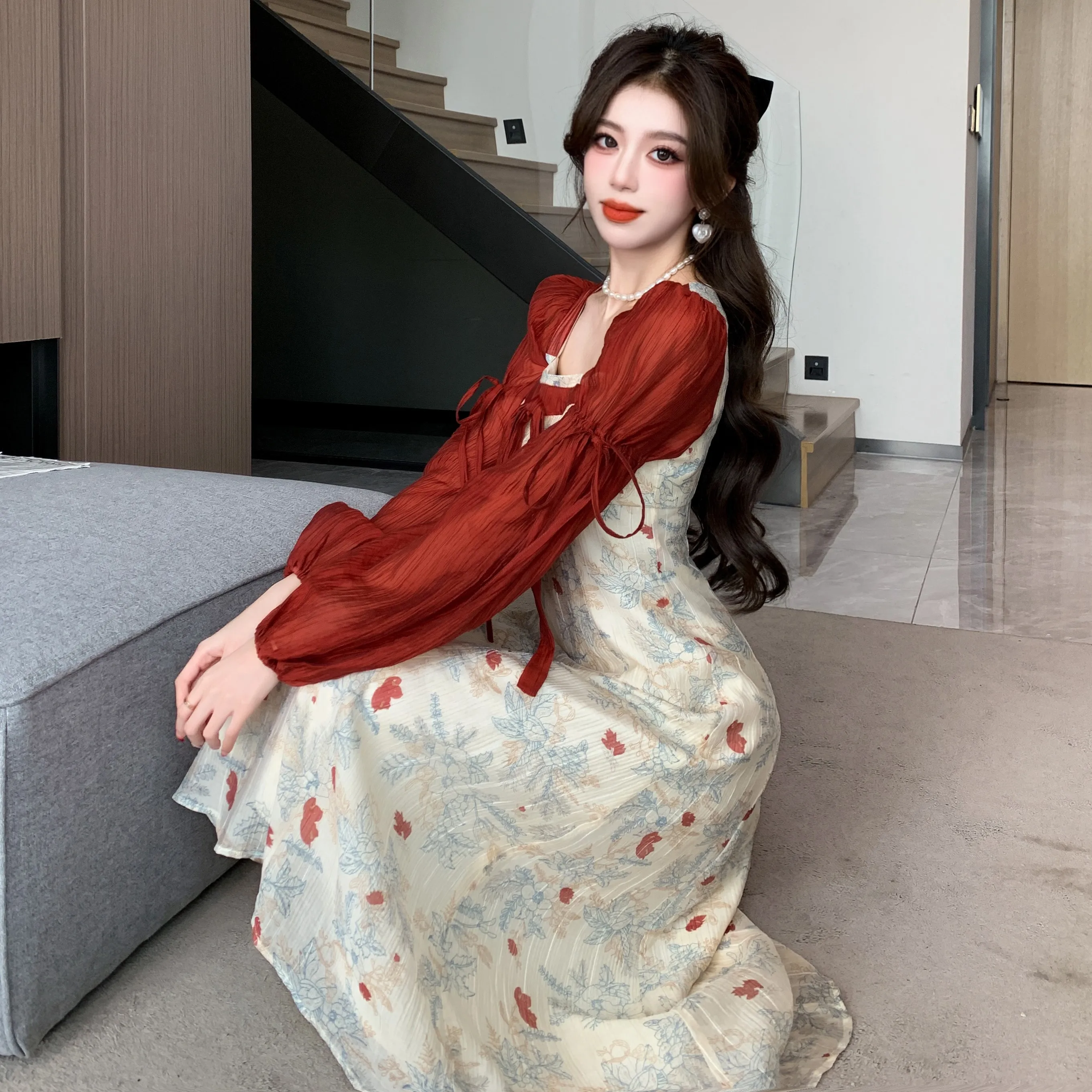 

2024 Spring and Autumn New Chinese Style Contrast Sky Silk Wrinkle Print Dress Fragmented Flower Slim Fit Long Dress