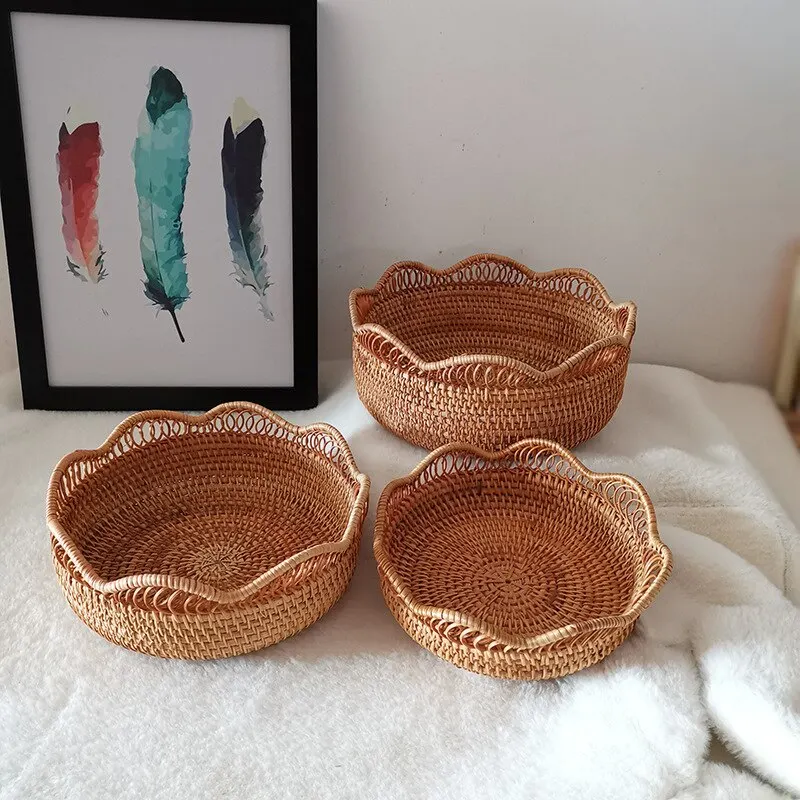 Hand-Woven Storage Basket Rattan Storage Tray Wicker Baskets Bread Fruit Food Breakfast Display Box Handicrafts Home Decoration 6