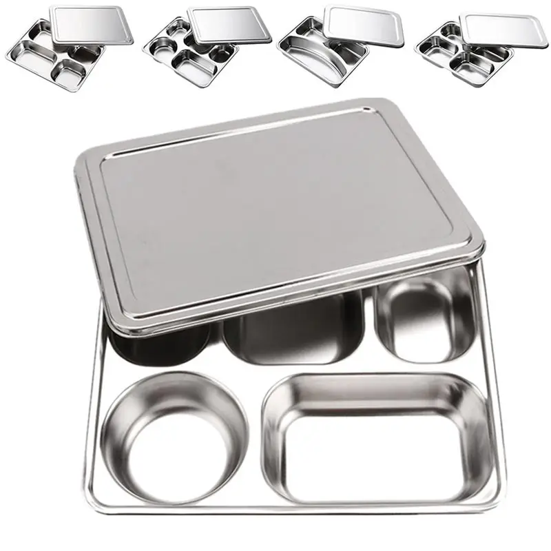 304 Stainless Steel Divided Dinner Tray Lunch Container Food Plate for School Canteen 3/5/4 Section Divided Bento Tray Tableware stainless steel plates