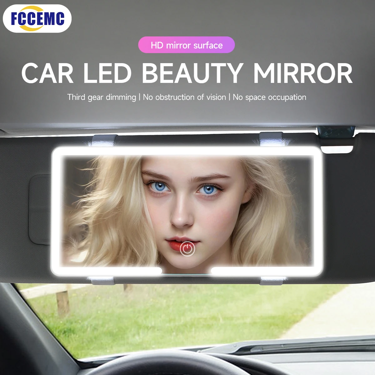 LED USB 충전 선바이저 장착 초박형 HD 미러, 조도 조절 터치 스크린, 여성용 자동차 인테리어 화장 거울