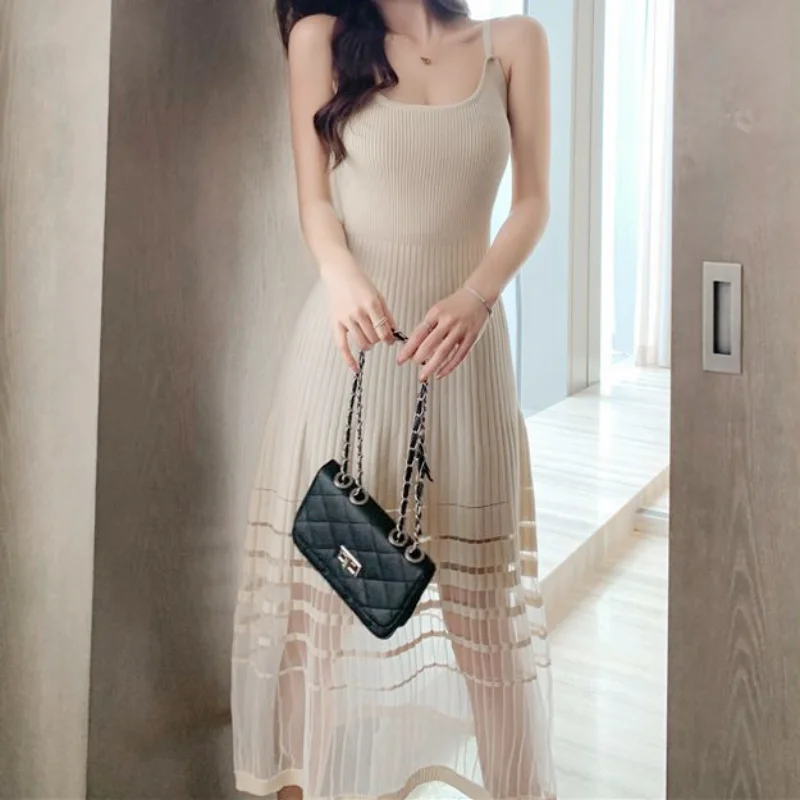 

Korean Summer Outerwear or Inner Dress Mesh Patchwork Ice Silk Knitted Dresses Long Bottom Sleeveless Suspender Vest Dress