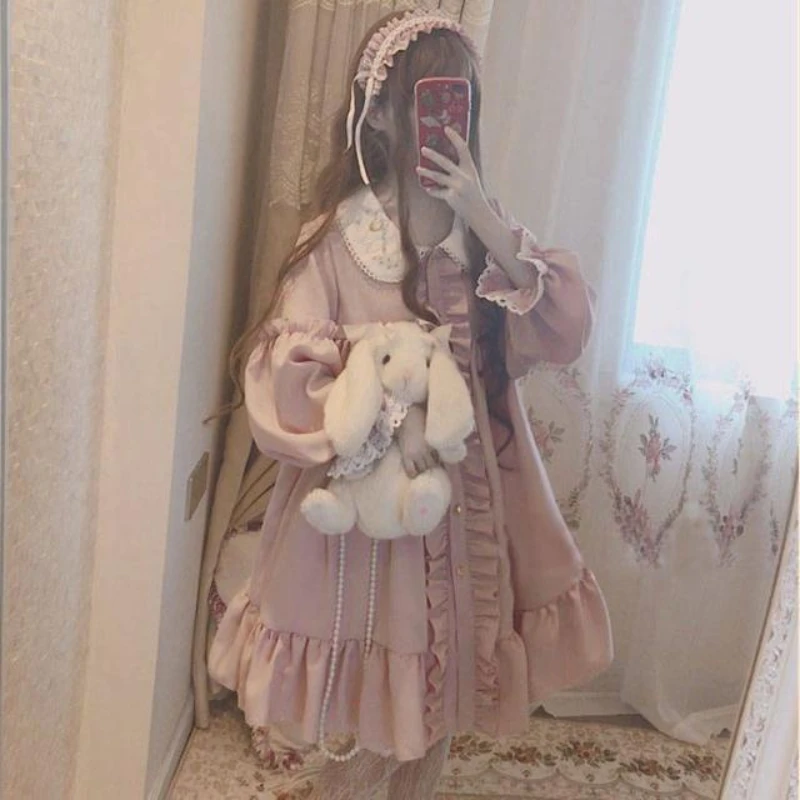 

Pink Kawaii Lolita Dress For Women Soft Princess Fairy Doll Collar Dress Japanese Style Sweet Long Sleeve Ruffles Party Dress