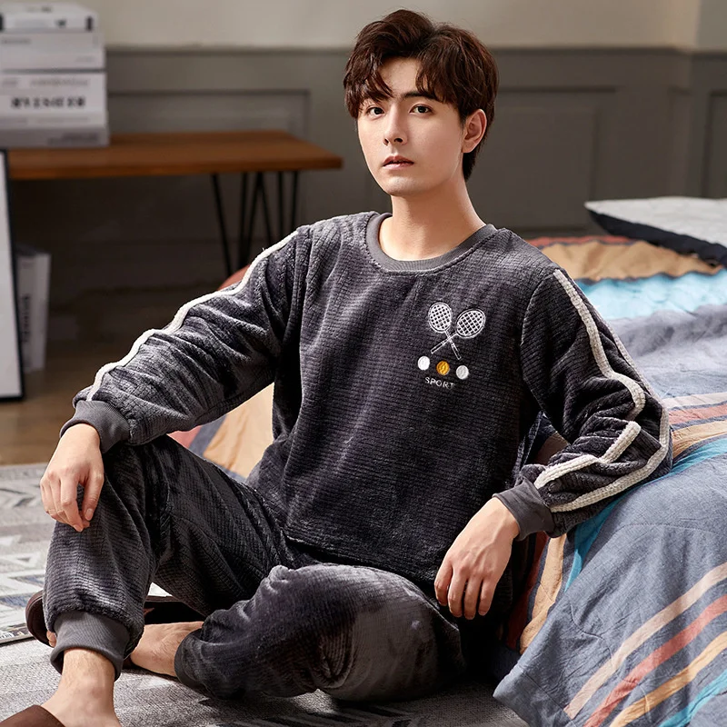 coral velvet pajamas men's winter long sleeved flannel plush thickened casual oversized home clothes