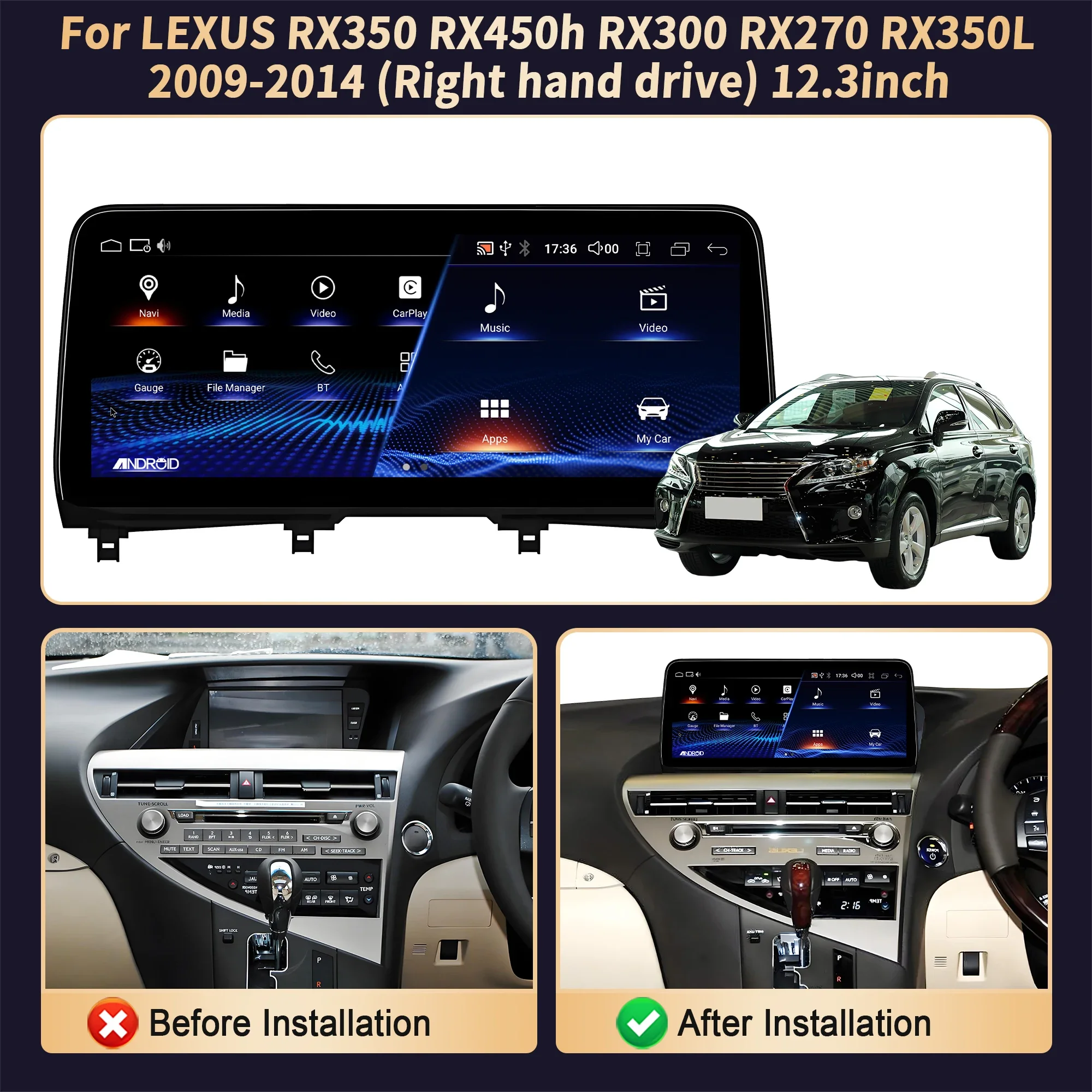 12,3 "RHD para LEXUS RX350 RX450h RX300 RX270 RX350L 2009-2014 Radio de coche inalámbrico CarPlay Multimedia pantalla Snapdragon 680 2