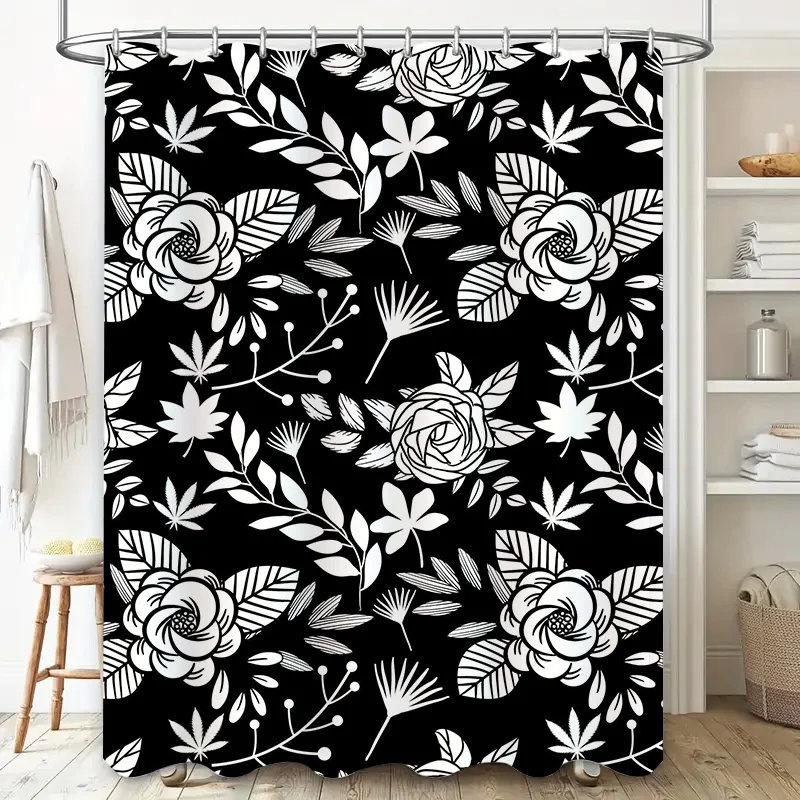Black White Floral Shower Curtain Fabric Decor for Bathroom Extra Long Size Customize Option Available 2
