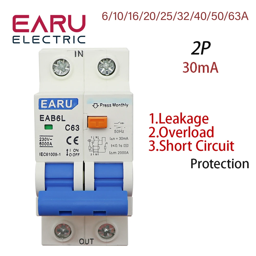 2P AC230V MCB защита от утечки RCBO защита от перегрузки от короткого замыкания 2P 30mA остаточный ток выключатель RCCB RCD