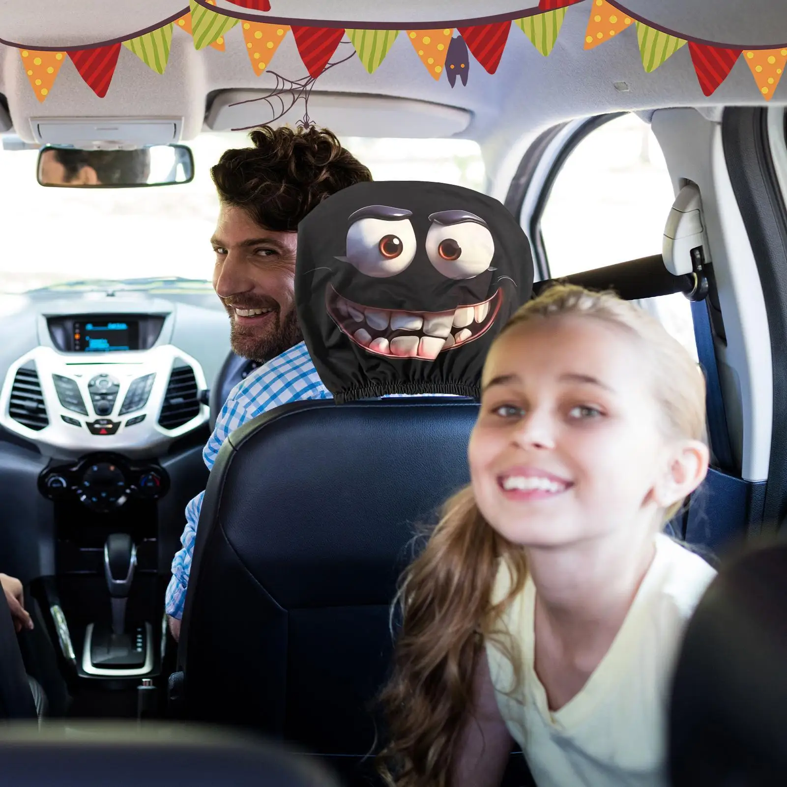 2pcs Horror-Themed Car Headrest Covers - Black & White Face Design, Unfilled Comfortable Seat Protectors for Sedan, Truck, SUV