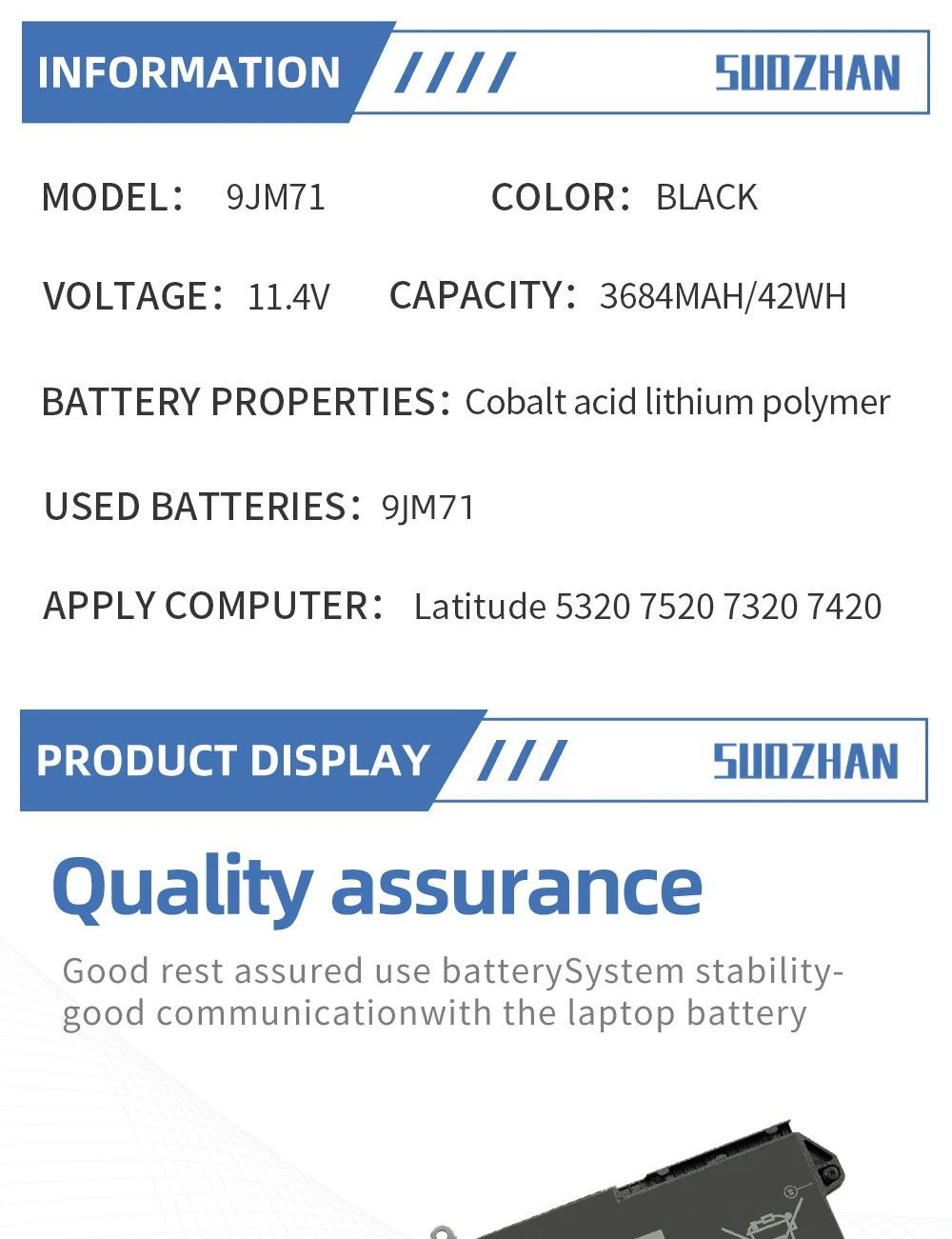 SUOZHAN 9JM71 Laptop Battery For Dell Latitude 14 7320 7420 7520 13 5320 Series Replace Parts HDGJ8 MHR4G 7FMXV TN2GY 4M1JN