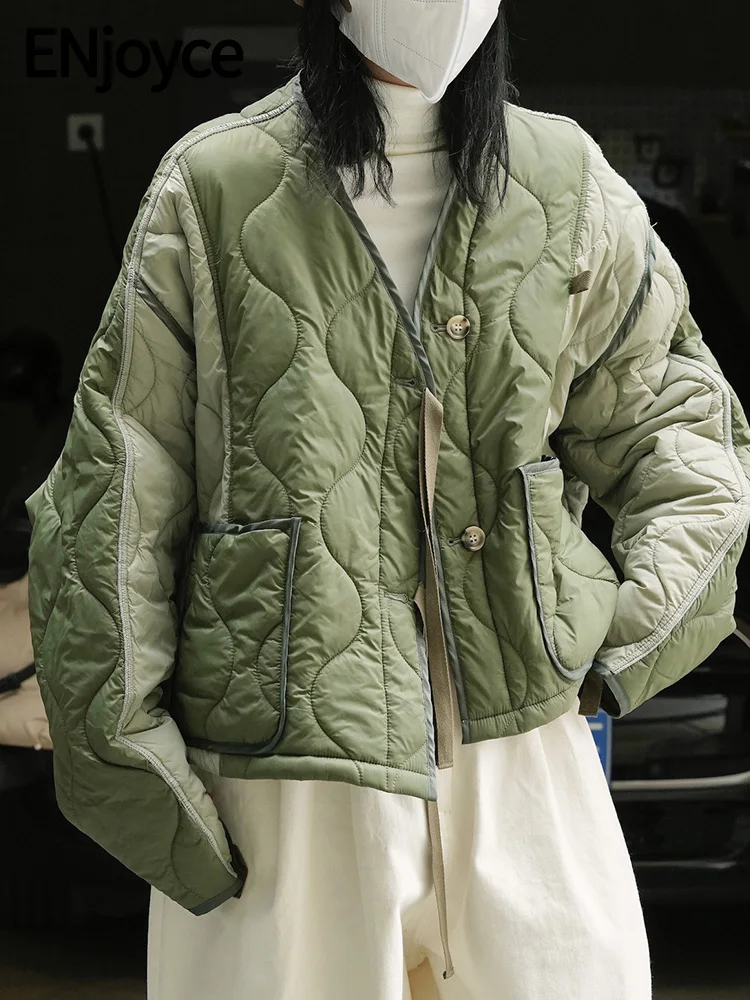 

ENjoyce Winter Women Vintage Green Warmer Cotton Coat Short Jacket Ladies Street Style Oversized Loose Cropped Down Coats