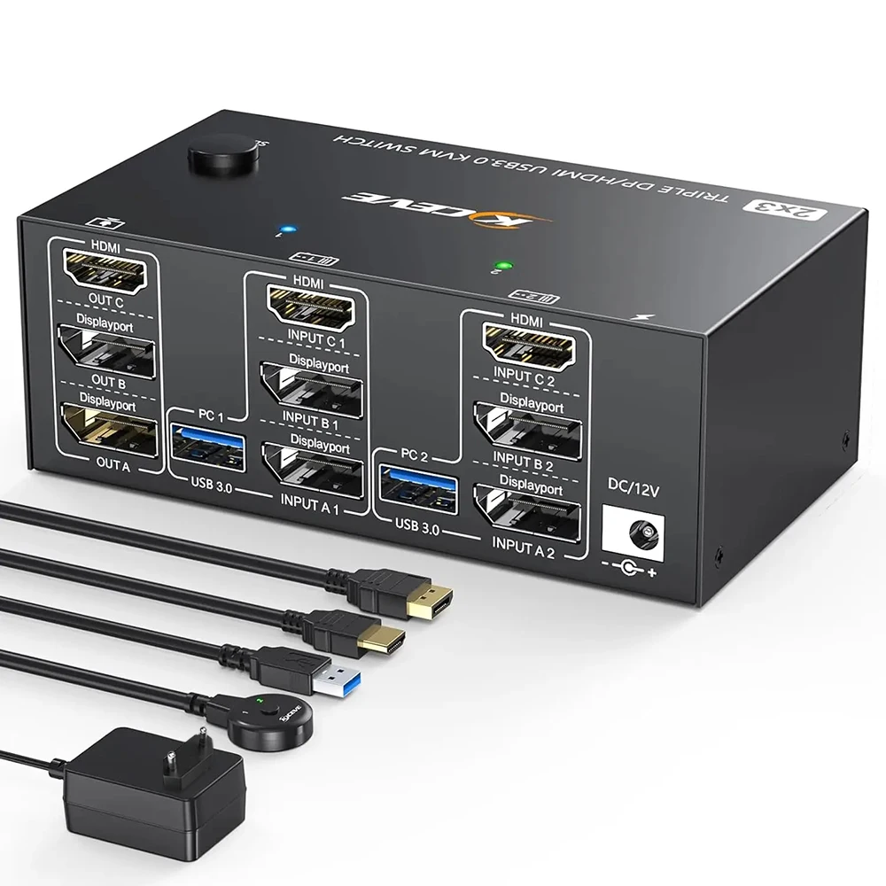 Triple Monitor Kvm Switch 2 Displayport + Hd-Mi Usb 3.0 Switch Kvm 8K @ 60Hz,4K @ 144Hz, Applicare A 3 Monitor 2 Computer Kvm Switch