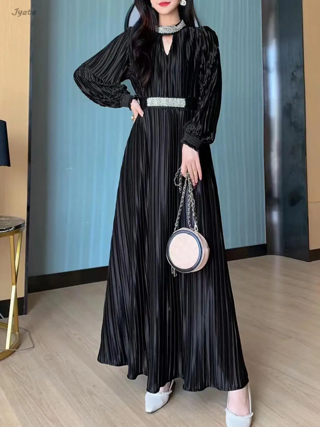 

Luxury Bead Pleated Long Dress Party Long Sleeve High Waist A-line Fashion Vestidos Chic Autumn Elegant Lady Robes Quanlity