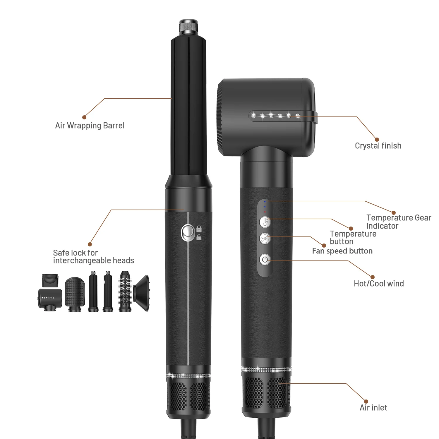 Hair Dryer 7 In 1 Brushless High Speed With Diffuser Ionic Styling Comb Hair Curler
